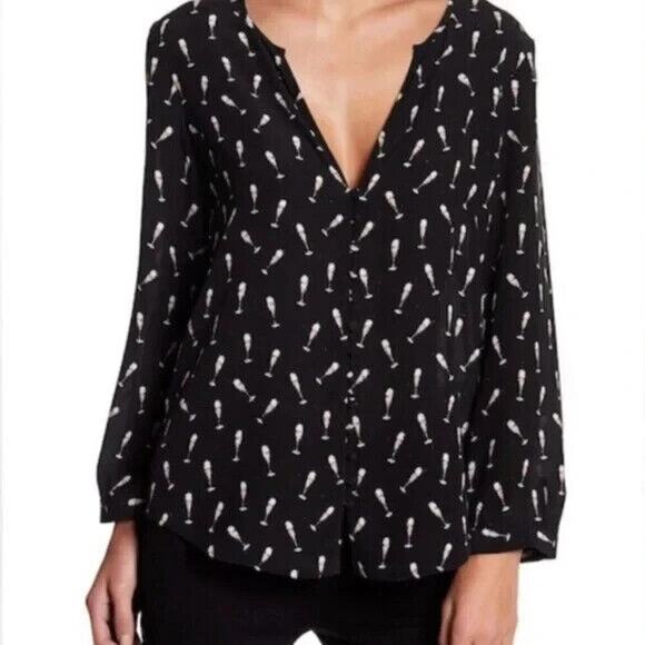 Joie Purine Champagne Flute Blouse Top Size Large Black Silk V-Neck L/S NWT - Picture 3 of 10